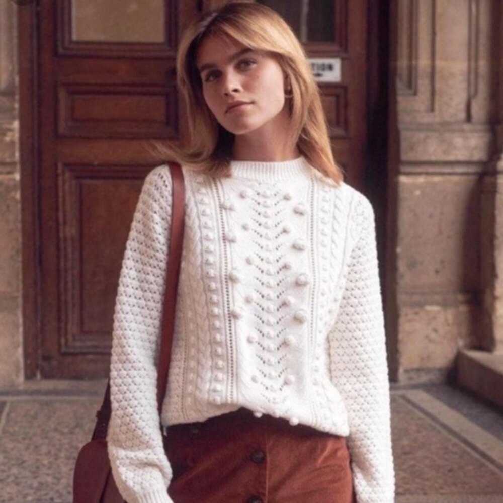 SEZANE Cream Cable knit Sweater with popcorn detail